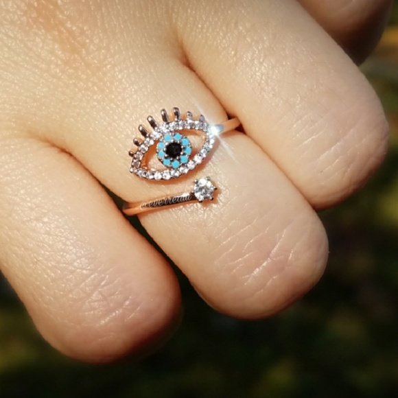 NEW Rose Gold Blue Evil Eye Open Ring - Picture 3 of 7